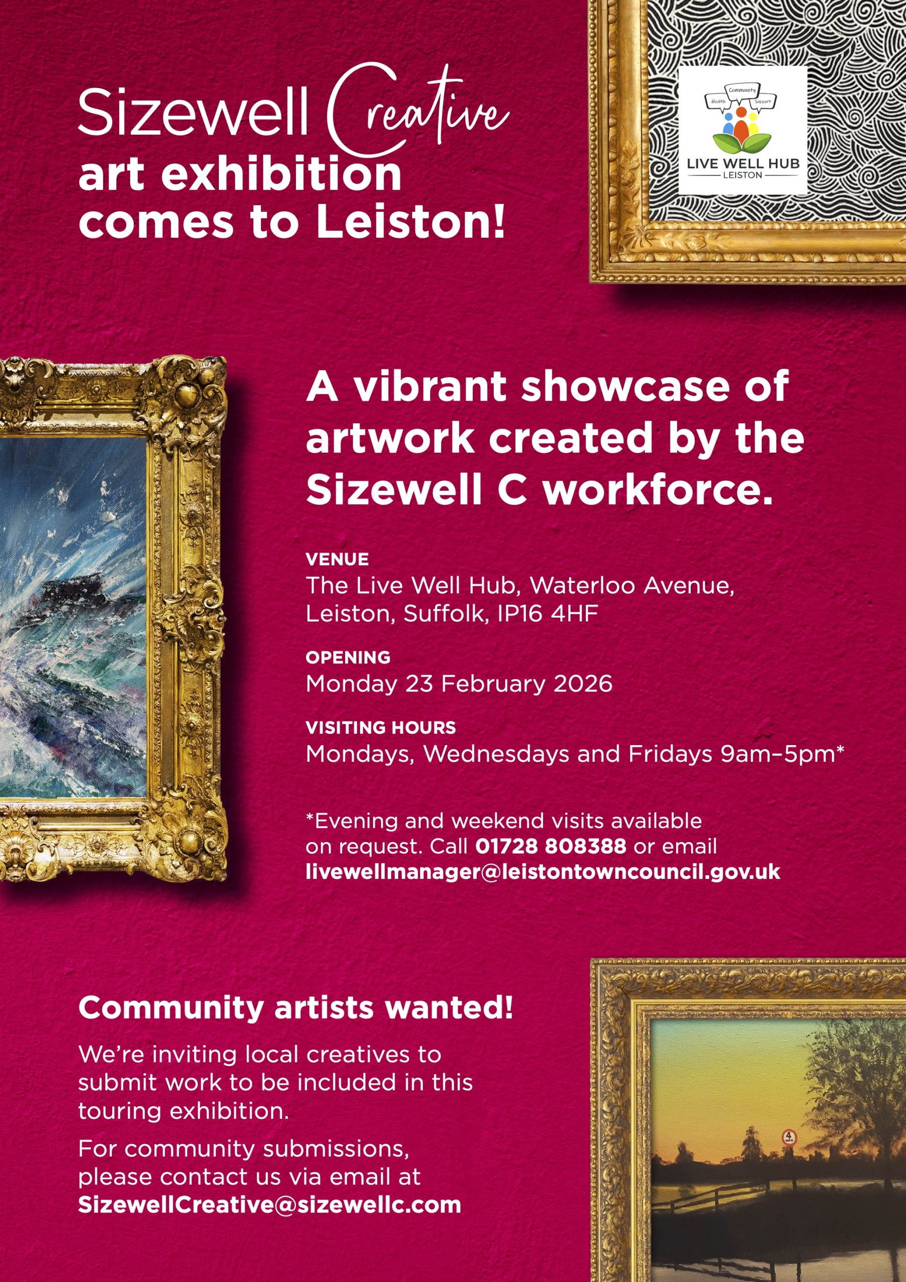 Flyer for the Sizewell Creative art exhibition in Leiston. It opens on Monday 23 February